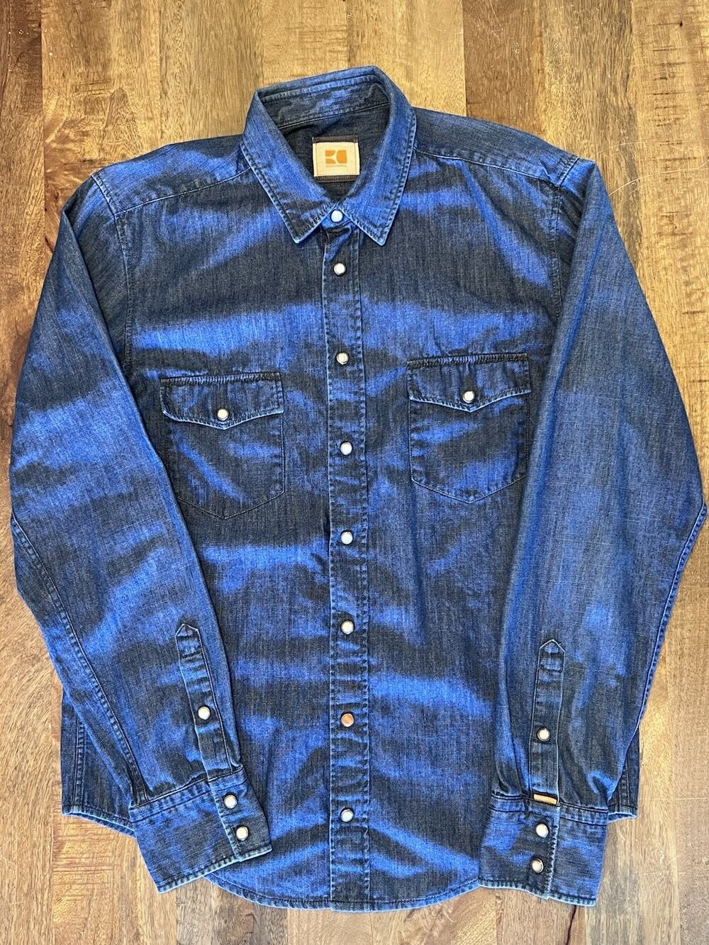 Hugo Boss Orange Mens Denim Western Shirt Medium Pearl Snap Blue